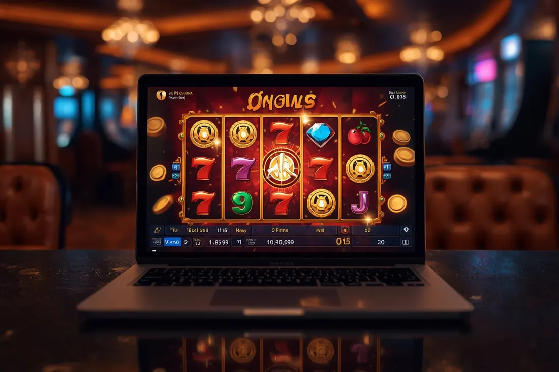 Laptop showing an online slot game mid-spin Laptop showing an online slot game mid-spin
