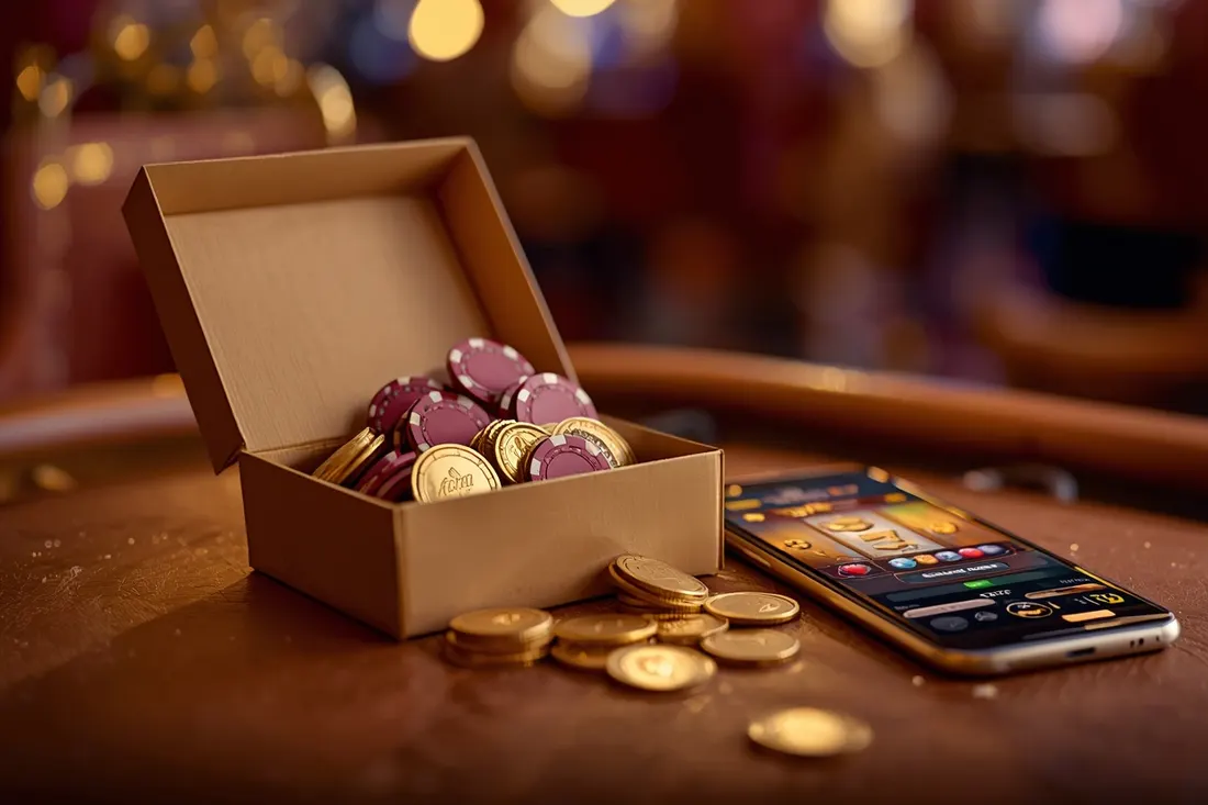 Gift box with chips next to a phone with a slot game Gift box with chips next to a phone with a slot game