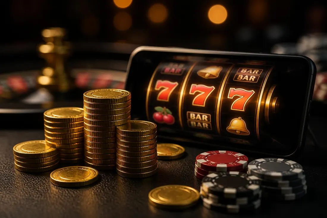 Gold coins stacked next to a phone with slot reels