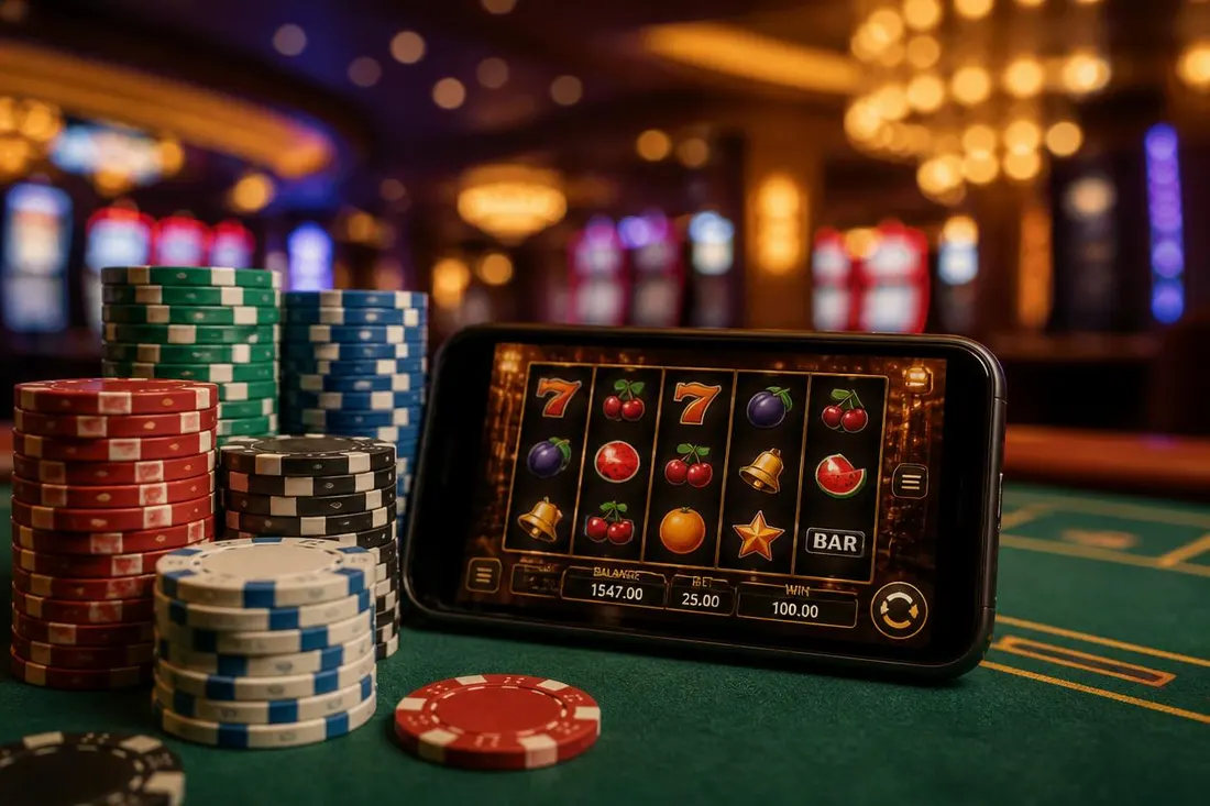 Casino chips stacked next to a phone with a slot game