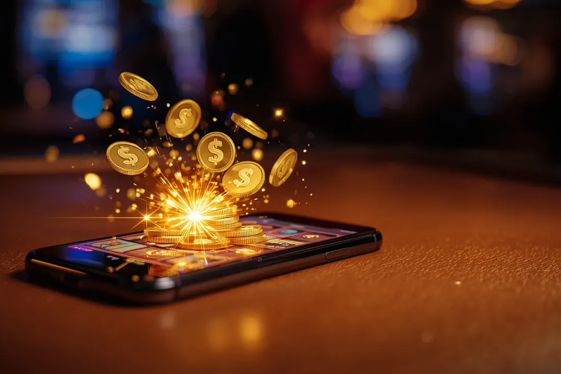 Gold coins bursting out of a phone with a slot game