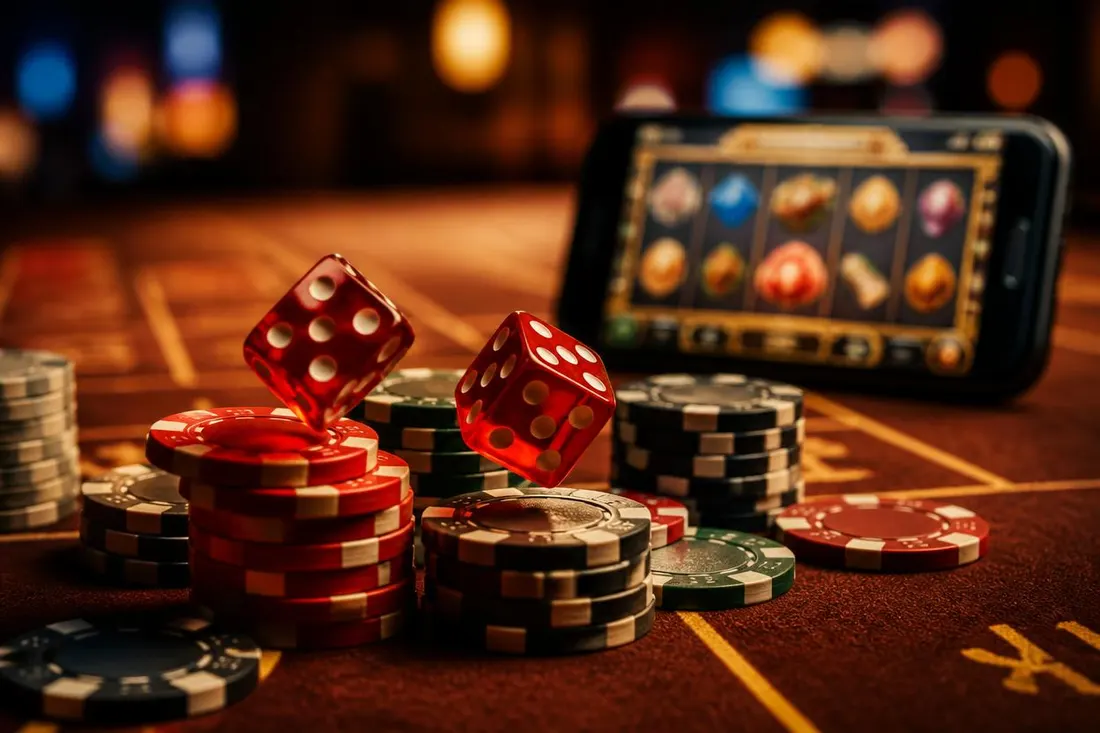 Red dice tumbling over chips in front of a slot game Red dice tumbling over chips in front of a slot game