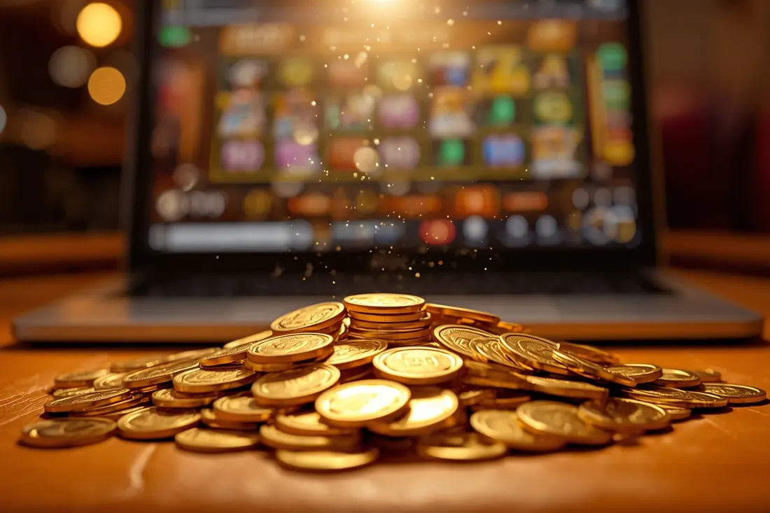 Pile of gold coins and chips in front of a slot game