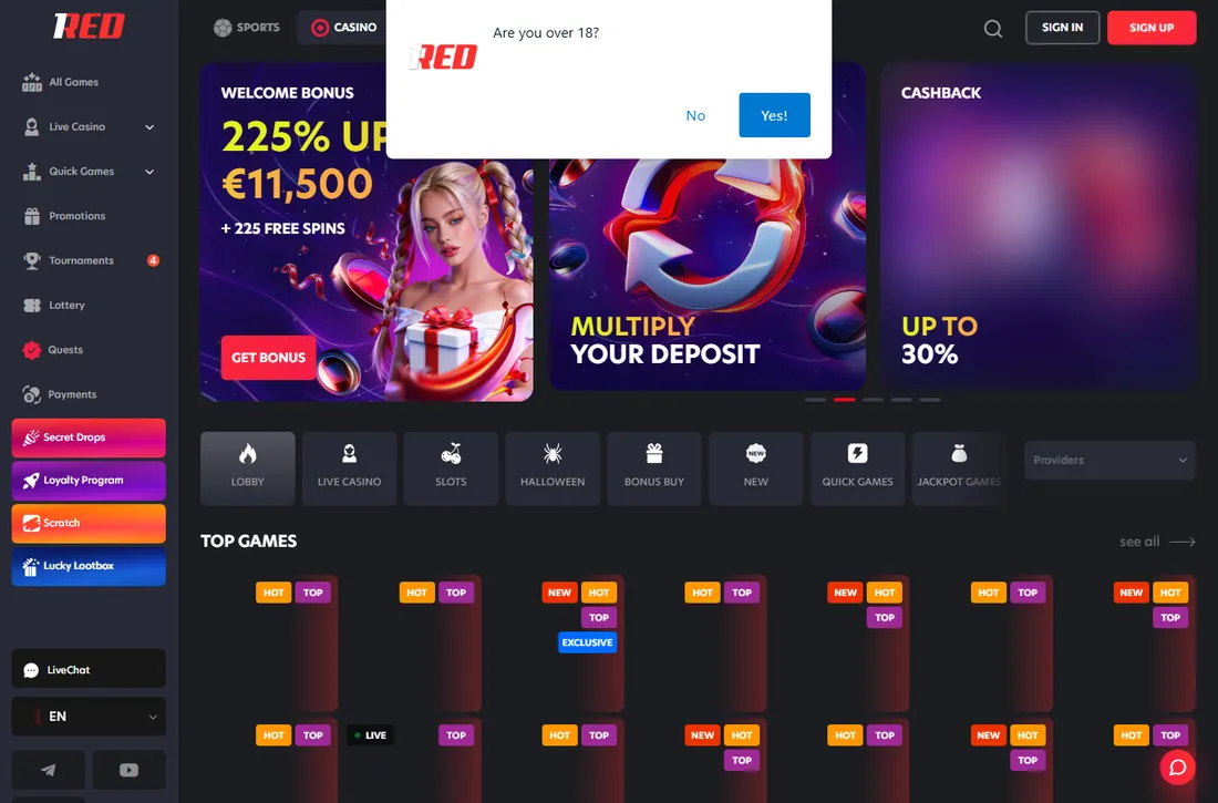 1Red Casino lobby with an Are you over 18 prompt on top and the welcome bonus banner 225% up to 11,500 euros plus 225 free spins 1Red Casino lobby with an Are you over 18 prompt on top and the welcome bonus banner 225% up to 11,500 euros plus 225 free spins