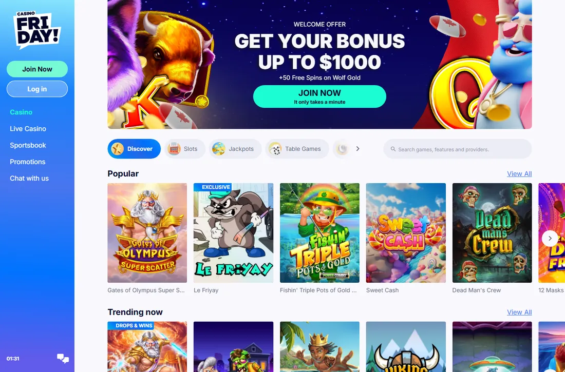 CasinoFriday Canadian casino lobby with the welcome offer banner: bonus up to $1000 plus 50 free spins on Wolf Gold CasinoFriday Canadian casino lobby with the welcome offer banner: bonus up to $1000 plus 50 free spins on Wolf Gold