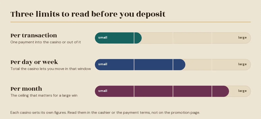 Three bars from small to large: limit per transaction, per day or week, and per month Three bars from small to large: limit per transaction, per day or week, and per month