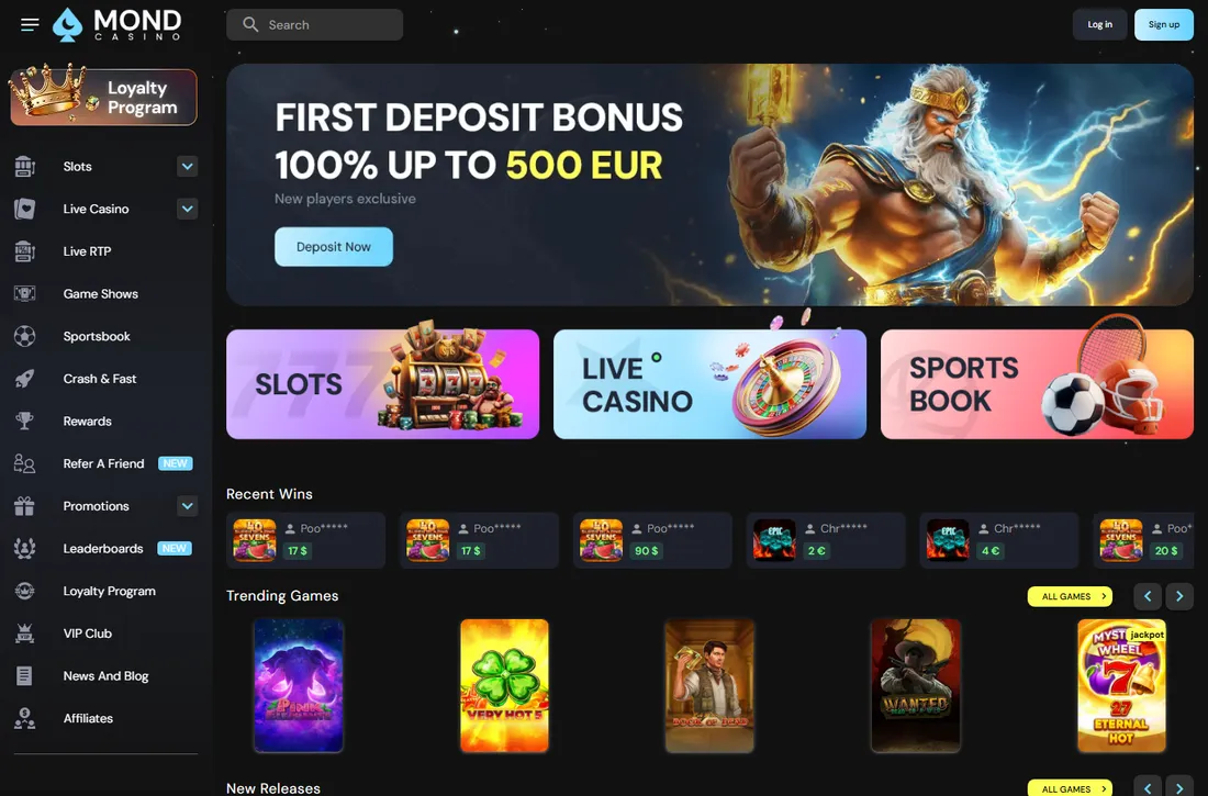 Mond Casino home page with the banner First deposit bonus 100% up to 500 EUR and tiles for slots, live casino and sportsbook