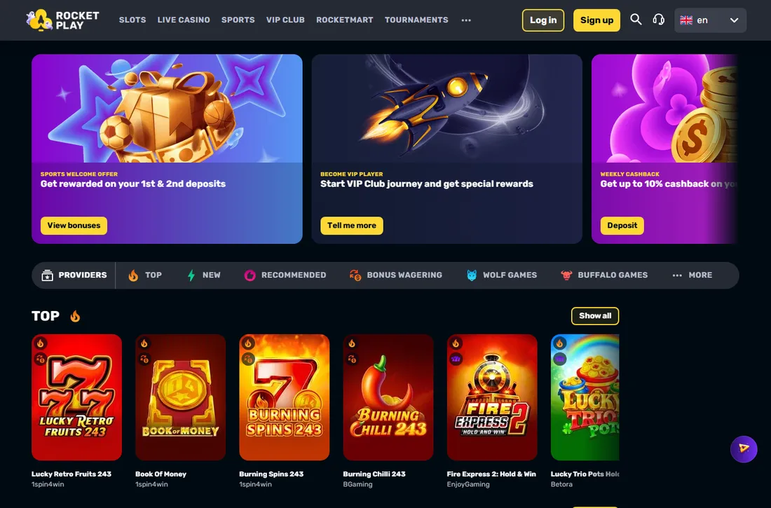 Rocketplay home page with three promotion tiles: sports welcome offer, VIP club and weekly cashback up to 10% Rocketplay home page with three promotion tiles: sports welcome offer, VIP club and weekly cashback up to 10%