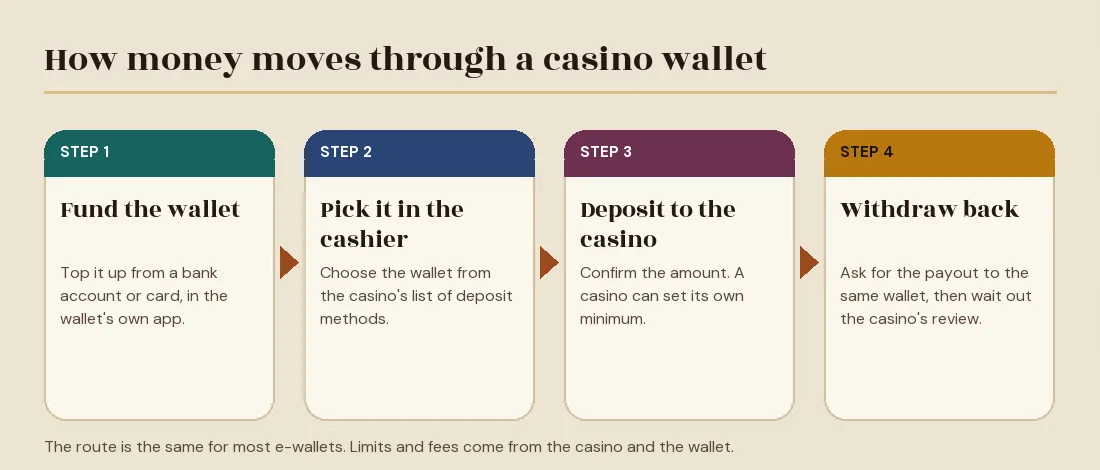 Four steps in a row: fund the wallet, pick it in the cashier, deposit to the casino, withdraw back to the wallet